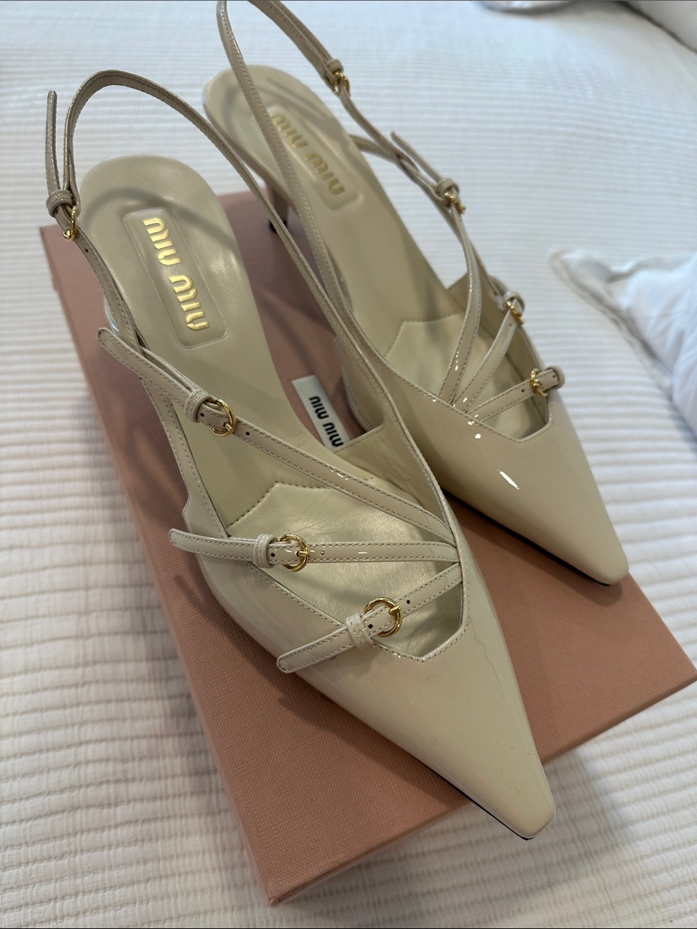 Miu Miu Cream Patent Leather Pointed Slingback Heels with Gold Buckles